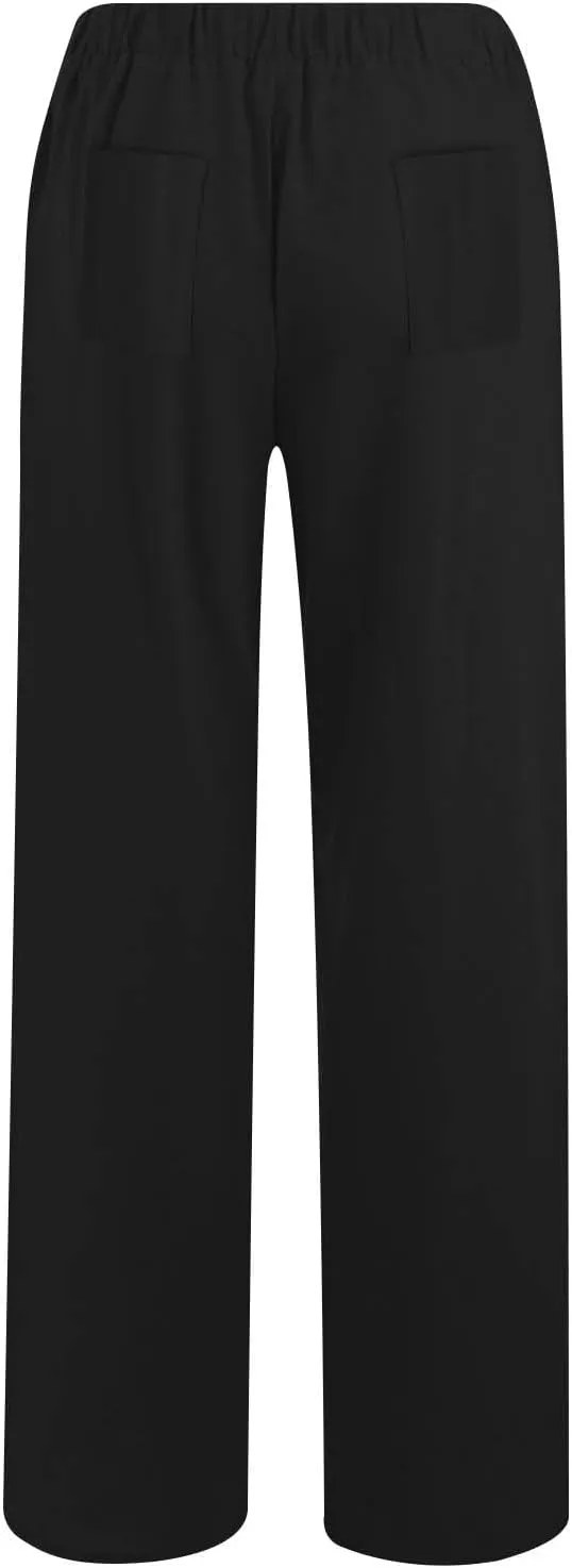Women's Solid Color Pants Summer Casual Elastic Waist Loose Fit Pants Wide Leg Lounge Long Trousers with Pockets