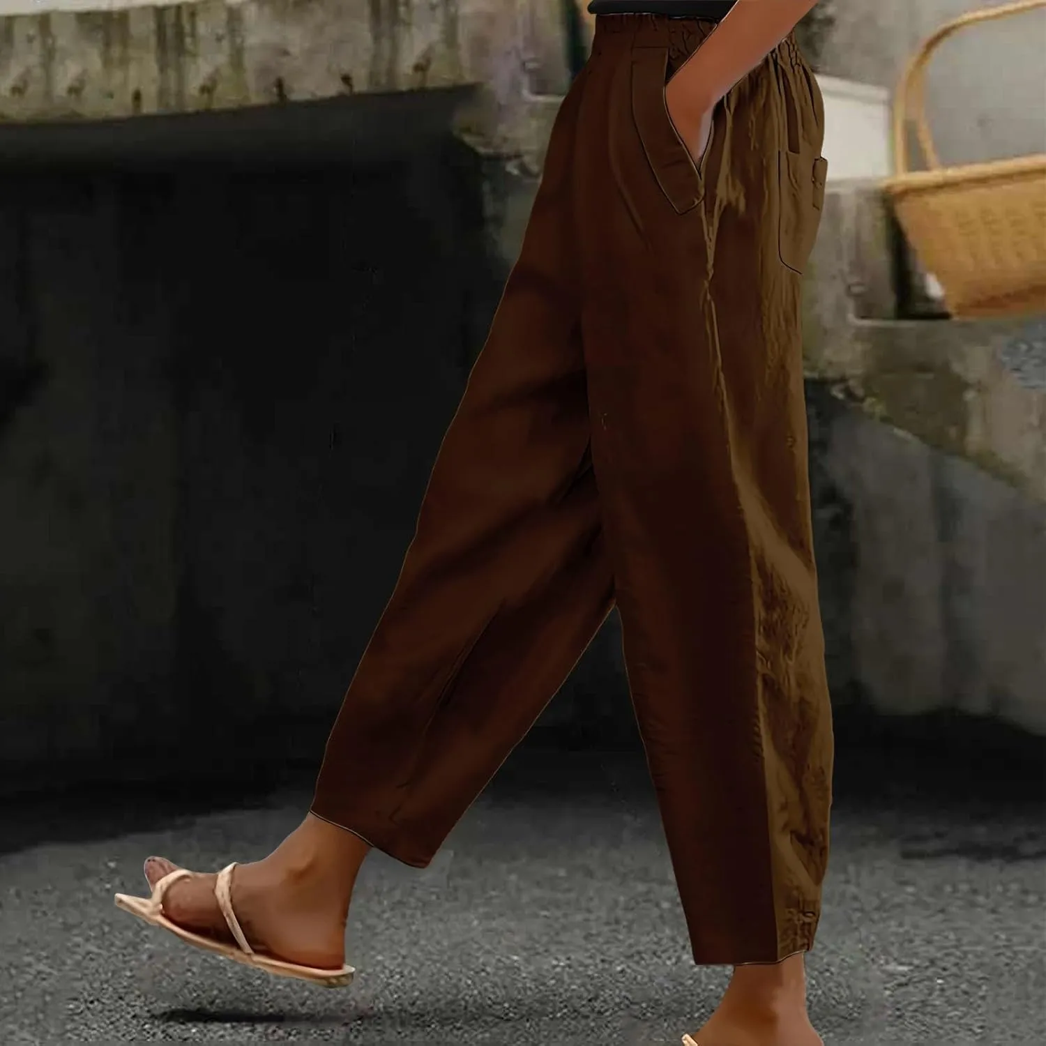 Women's Solid Cotton Linen Straight Pants Work Lounge Trousers with Pockets Comfy Wide Leg Vacation Palazzo Pants
