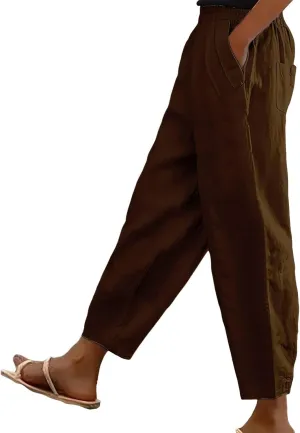 Women's Solid Cotton Linen Straight Pants Work Lounge Trousers with Pockets Comfy Wide Leg Vacation Palazzo Pants