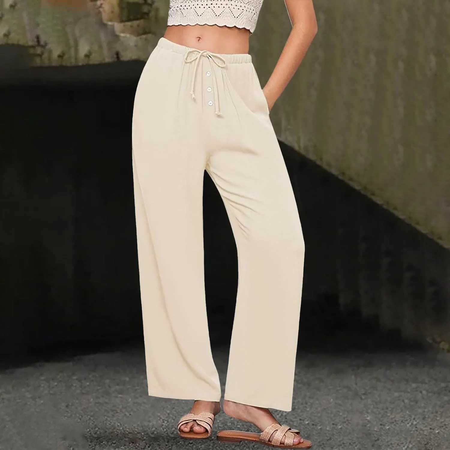 Women's Solid Cotton Linen Wide Leg Pants Low Waisted Casual Trousers Lightweight Summer Drawstring Beach Vacation Trouser