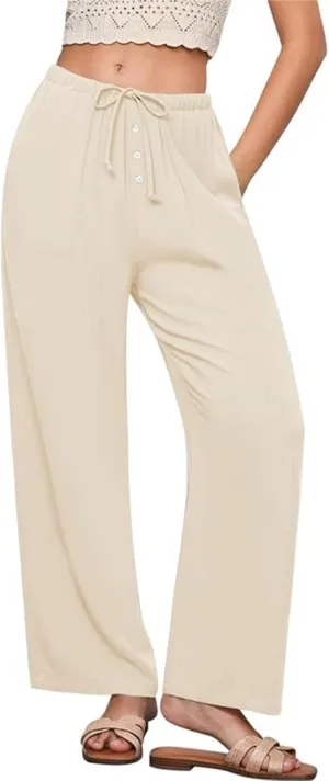 Women's Solid Cotton Linen Wide Leg Pants Low Waisted Casual Trousers Lightweight Summer Drawstring Beach Vacation Trouser