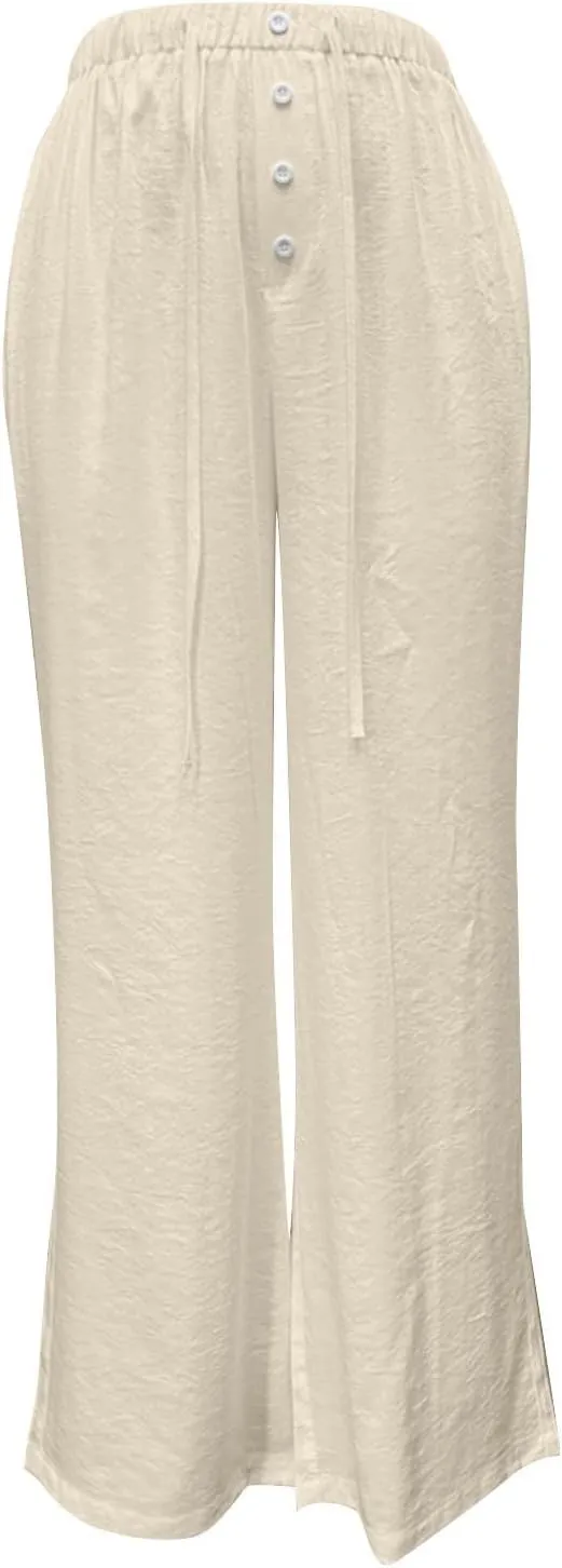 Women's Solid Cotton Linen Wide Leg Pants Low Waisted Casual Trousers Lightweight Summer Drawstring Beach Vacation Trouser