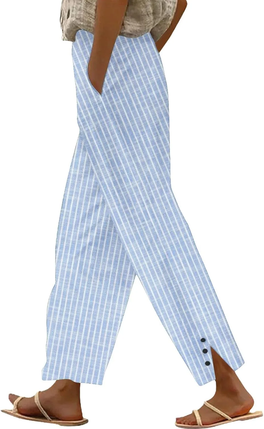 Women's Striped Cotton Linen Pants 2025 Summer Straight Loose Beach Trousers Elastic Lightweight Cropped Wide Leg Pants