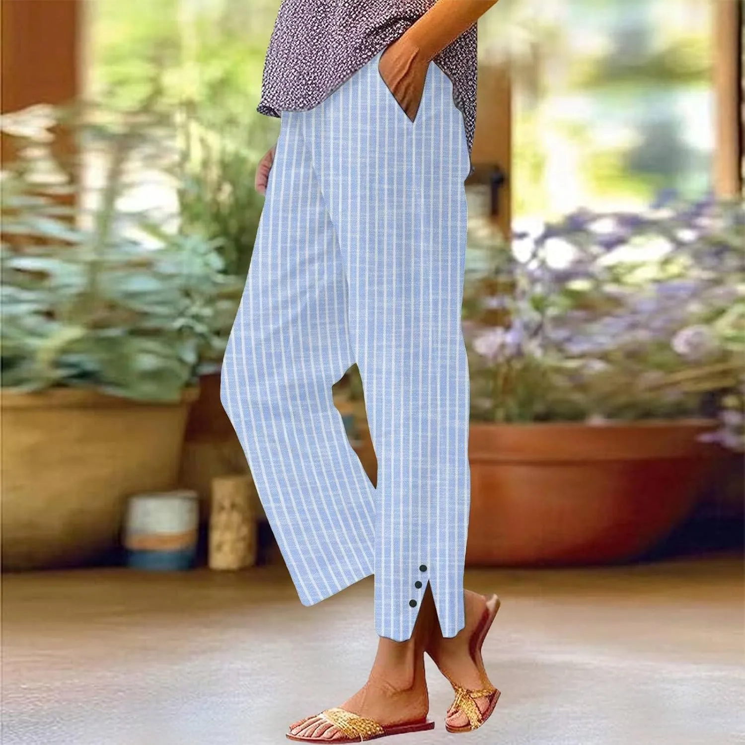 Women's Striped Cotton Linen Pants 2025 Summer Straight Loose Beach Trousers Elastic Lightweight Cropped Wide Leg Pants