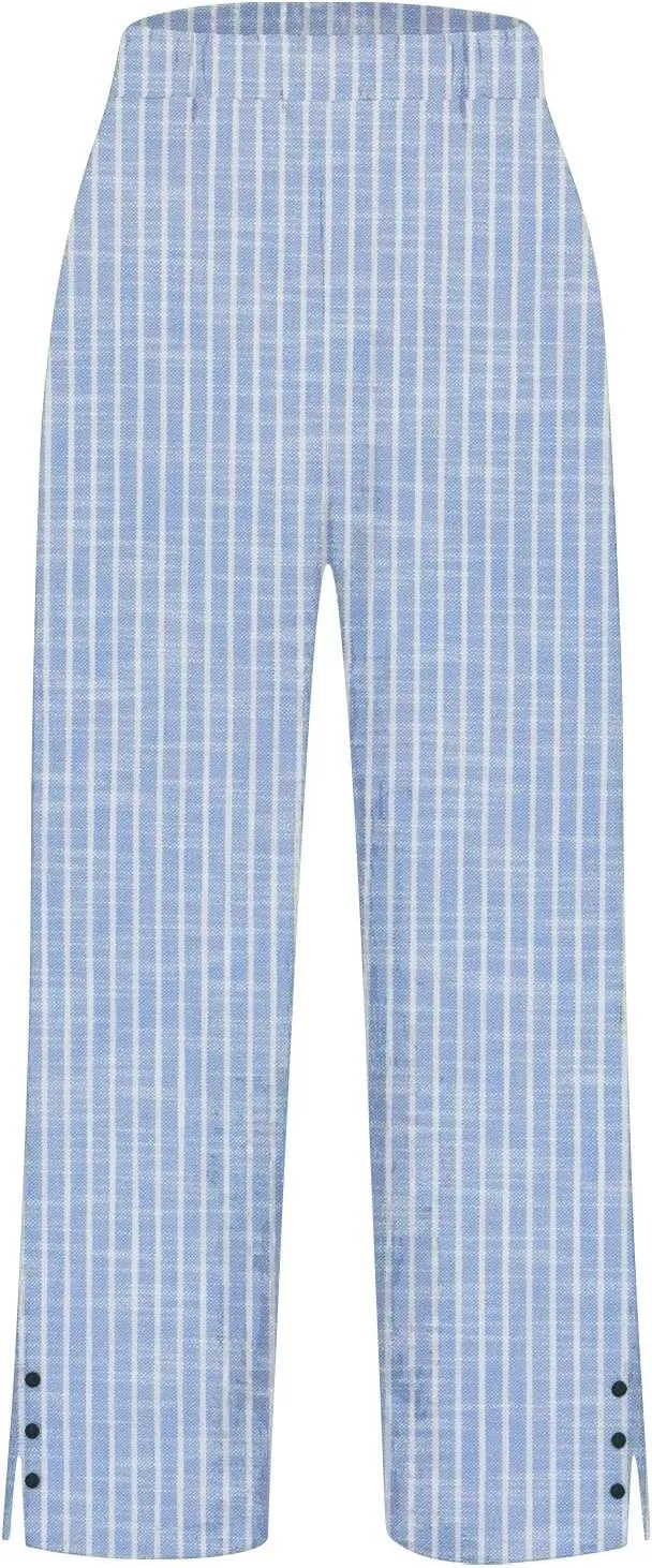 Women's Striped Cotton Linen Pants 2025 Summer Straight Loose Beach Trousers Elastic Lightweight Cropped Wide Leg Pants