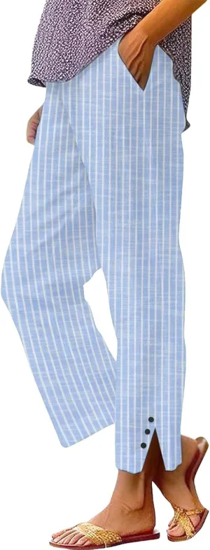 Women's Striped Cotton Linen Pants 2025 Summer Straight Loose Beach Trousers Elastic Lightweight Cropped Wide Leg Pants