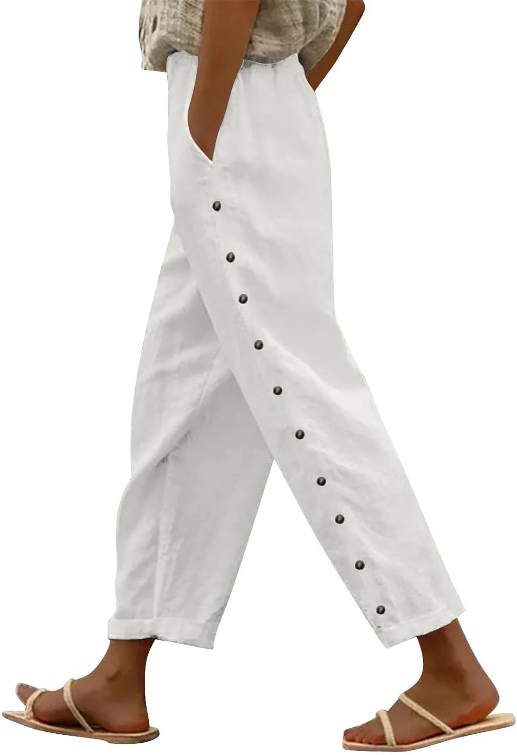 Womens Striped Linen Pants Cropped Side Bottom Trim Elastic Waist Capris Lightweight Summer Beach Trouser with Pocket