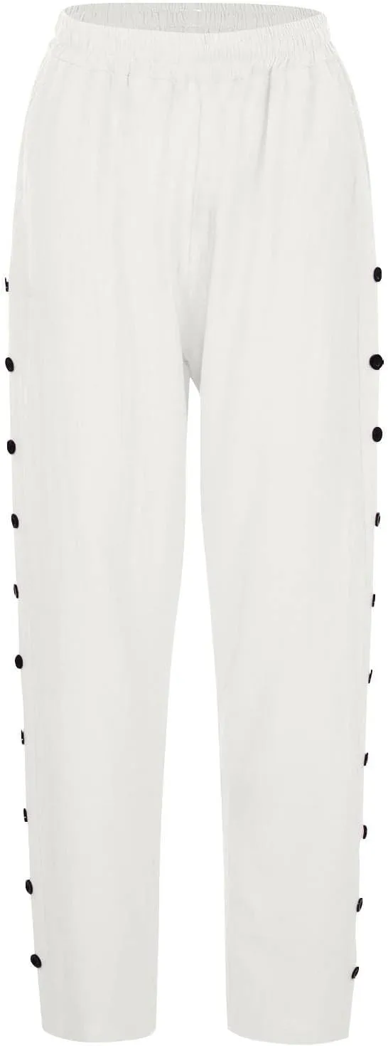 Womens Striped Linen Pants Cropped Side Bottom Trim Elastic Waist Capris Lightweight Summer Beach Trouser with Pocket