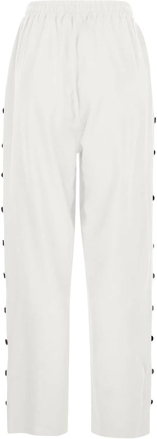 Womens Striped Linen Pants Cropped Side Bottom Trim Elastic Waist Capris Lightweight Summer Beach Trouser with Pocket