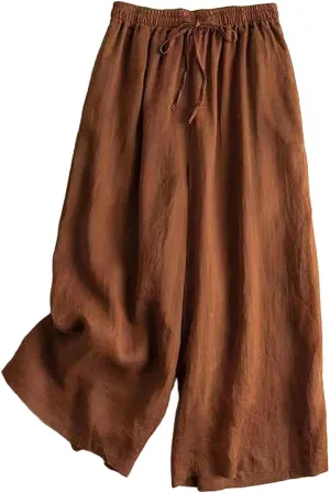 Womens Summer Cotton Linen Dress Pants Wide Legs Pure Color Pant High Waisted Drawstring Loose Trousers