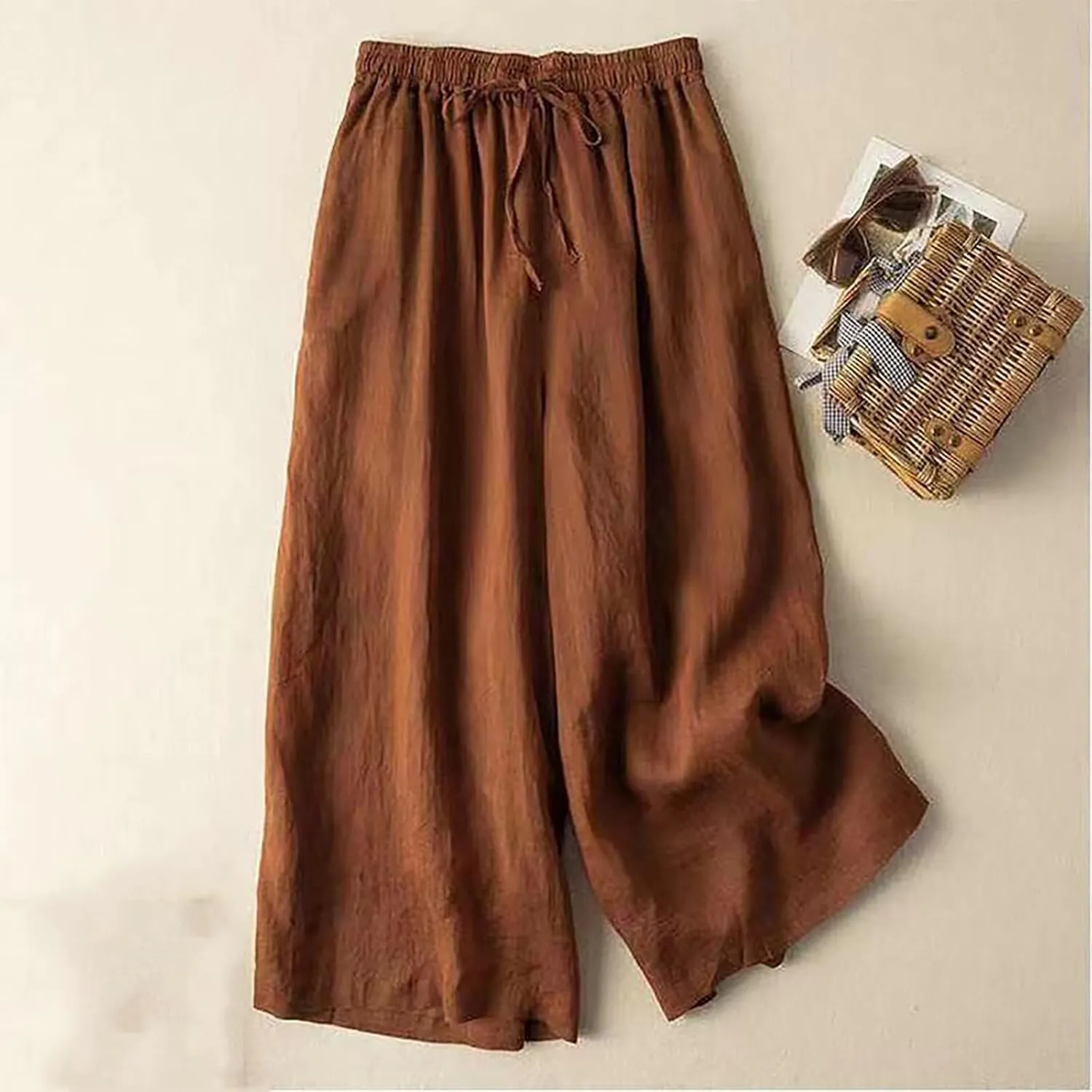 Womens Summer Cotton Linen Dress Pants Wide Legs Pure Color Pant High Waisted Drawstring Loose Trousers