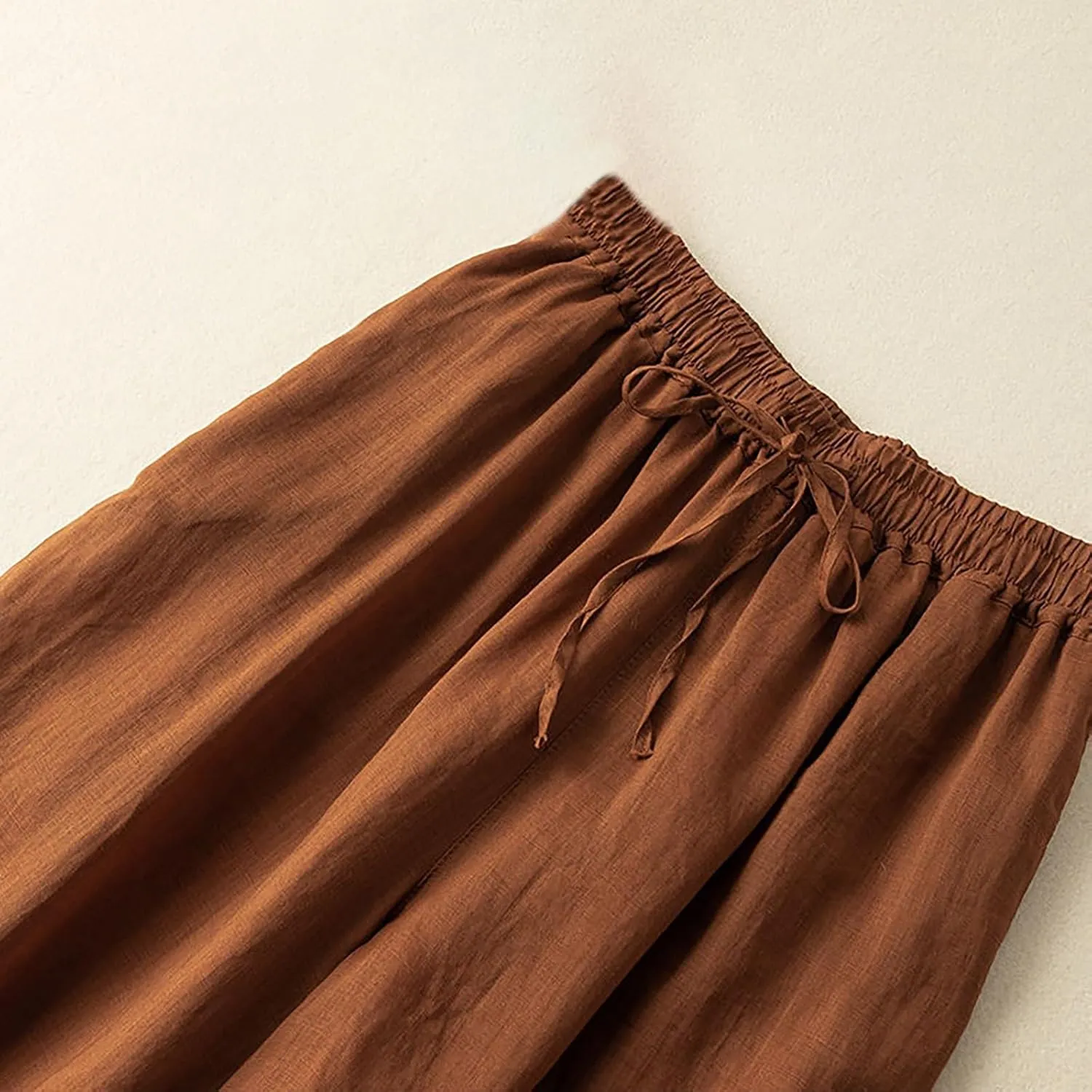 Womens Summer Cotton Linen Dress Pants Wide Legs Pure Color Pant High Waisted Drawstring Loose Trousers