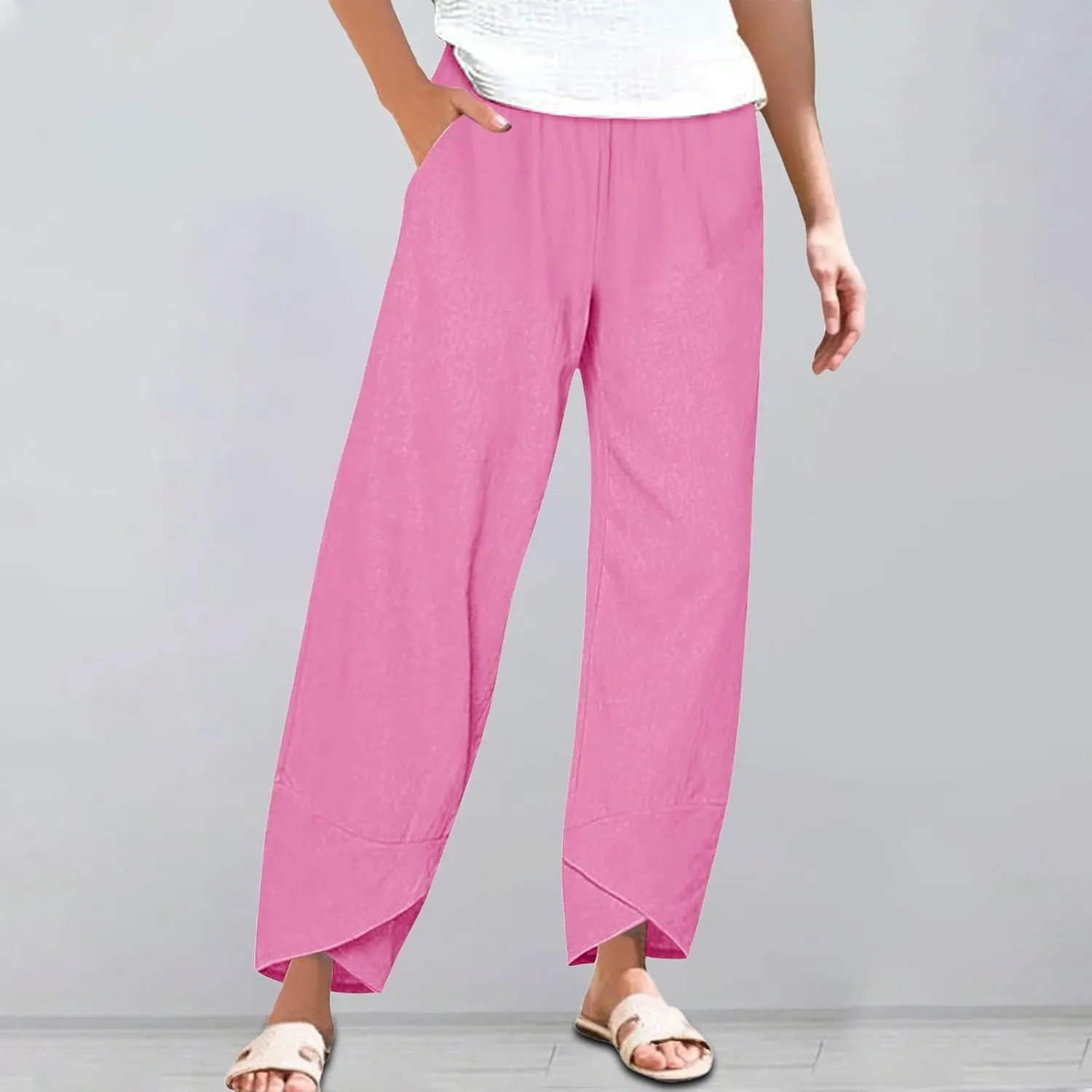 Womens Summer Cotton Linen Pants 2025 Casual Capri Pants with Pockets Cropped High Waisted Comfy Baggy Trousers