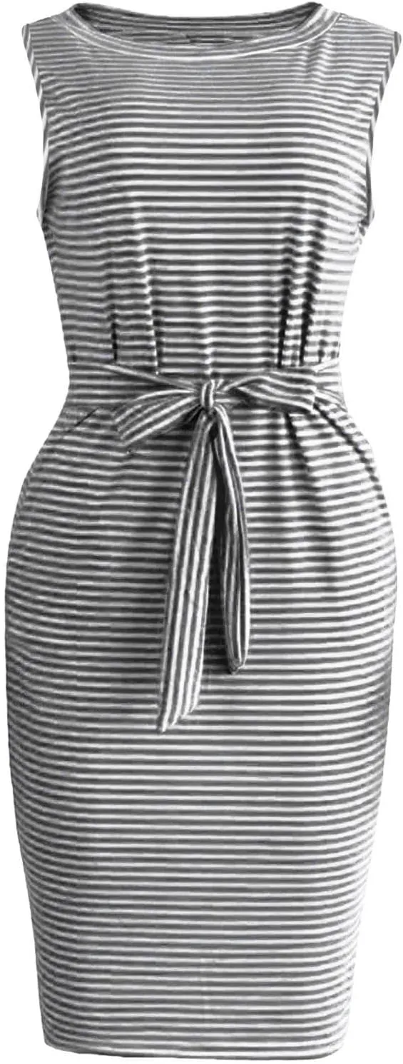 Women's Summer Dresses 2023 Casual Striped Sundresses Short Sleeve T-Shirt Dress Tie Waist Dress with Pockets Skirts