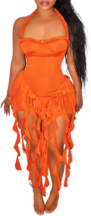 Womens Summer Ruffle Fringe Mini Dress Sexy Halter Bodycon Tassel Party Club Birthday Short Dresses