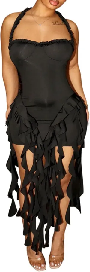 Womens Summer Ruffle Fringe Mini Dress Sexy Halter Bodycon Tassel Party Club Birthday Short Dresses