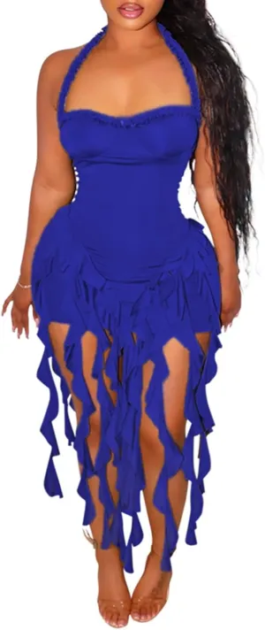 Womens Summer Ruffle Fringe Mini Dress Sexy Halter Bodycon Tassel Party Club Birthday Short Dresses