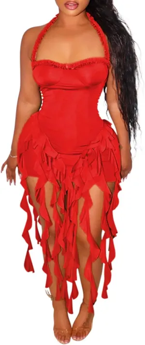Womens Summer Ruffle Fringe Mini Dress Sexy Halter Bodycon Tassel Party Club Birthday Short Dresses