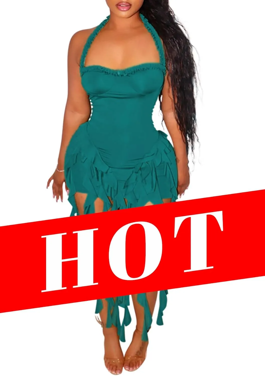 Womens Summer Ruffle Fringe Mini Dress Sexy Halter Bodycon Tassel Party Club Birthday Short Dresses