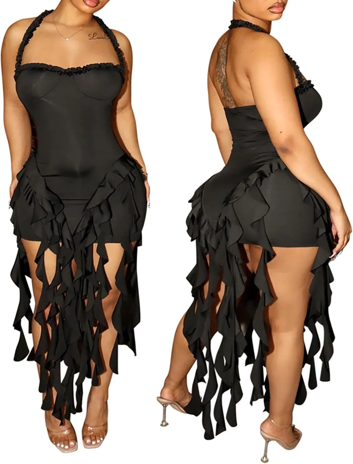 Womens Summer Ruffle Fringe Mini Dress Sexy Halter Bodycon Tassel Party Club Birthday Short Dresses