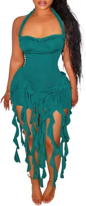 Womens Summer Ruffle Fringe Mini Dress Sexy Halter Bodycon Tassel Party Club Birthday Short Dresses