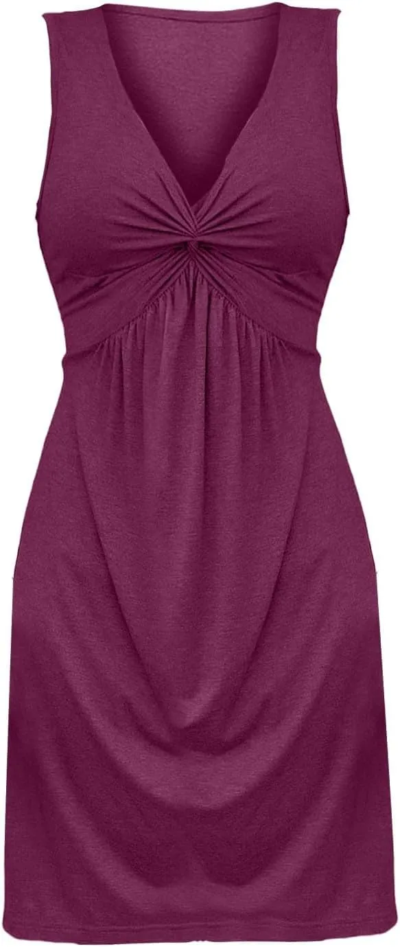 Women's Twist Front V Neck Tank A Line Dress Ruffle Summer Elegant Sleeveless Club Party Tunic Bodycon Mini Sundress