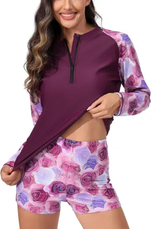 Womens Two Piece Plus Size Long Sleeve Rash Guard Sets Half Zip Swim Shirts Top and Shorts UPF50  Swimsuit
