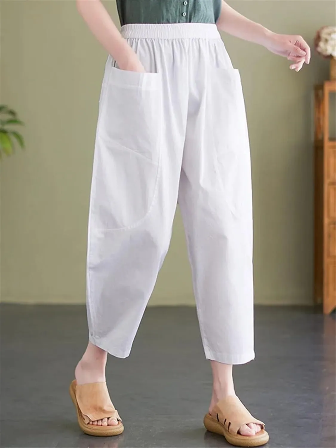 Womens Vintage High Waist Harem Pants Loose Casual Elastic Waisted Beach Trousers with Pockets