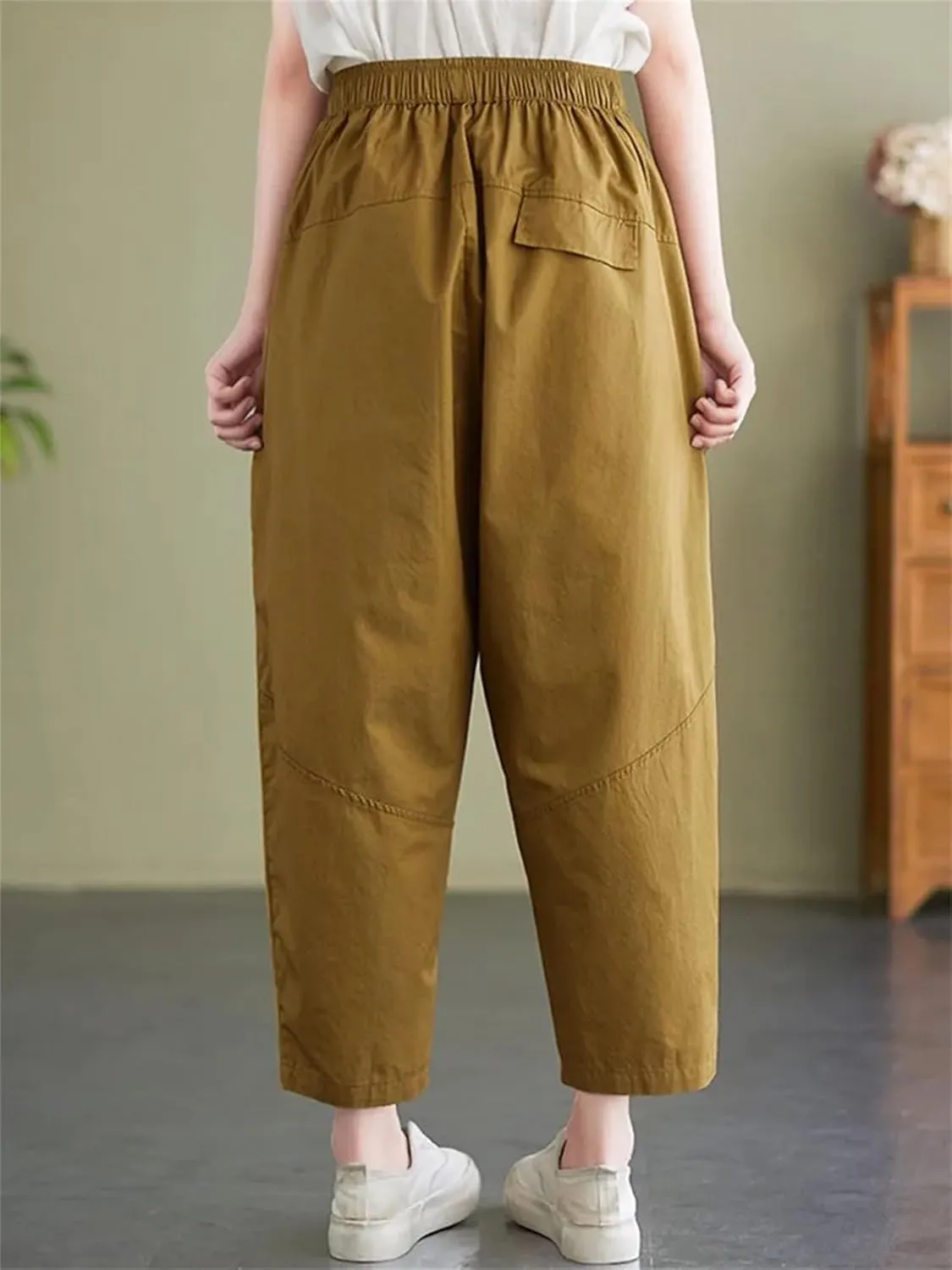 Womens Vintage High Waist Harem Pants Loose Casual Elastic Waisted Beach Trousers with Pockets
