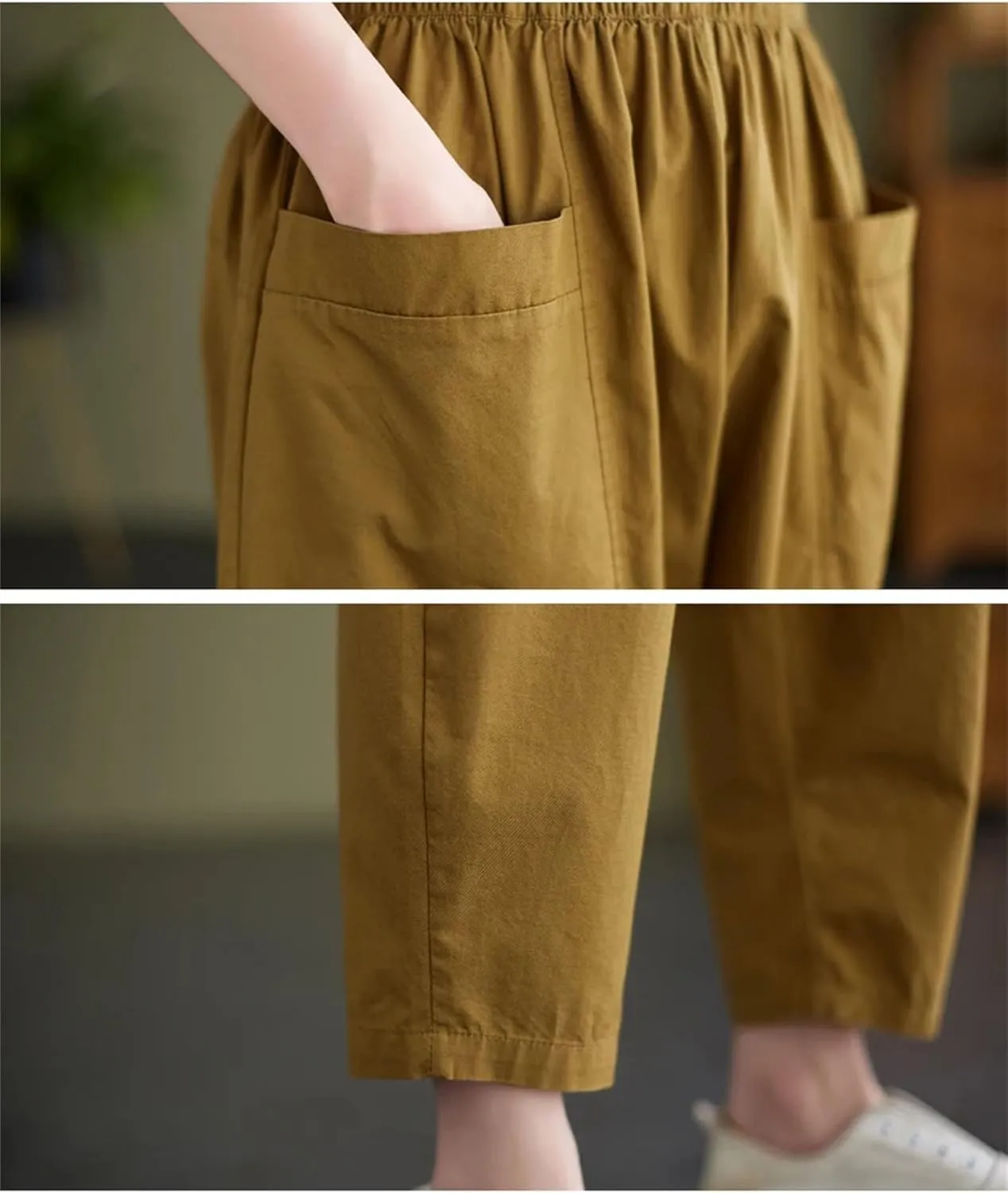 Womens Vintage High Waist Harem Pants Loose Casual Elastic Waisted Beach Trousers with Pockets