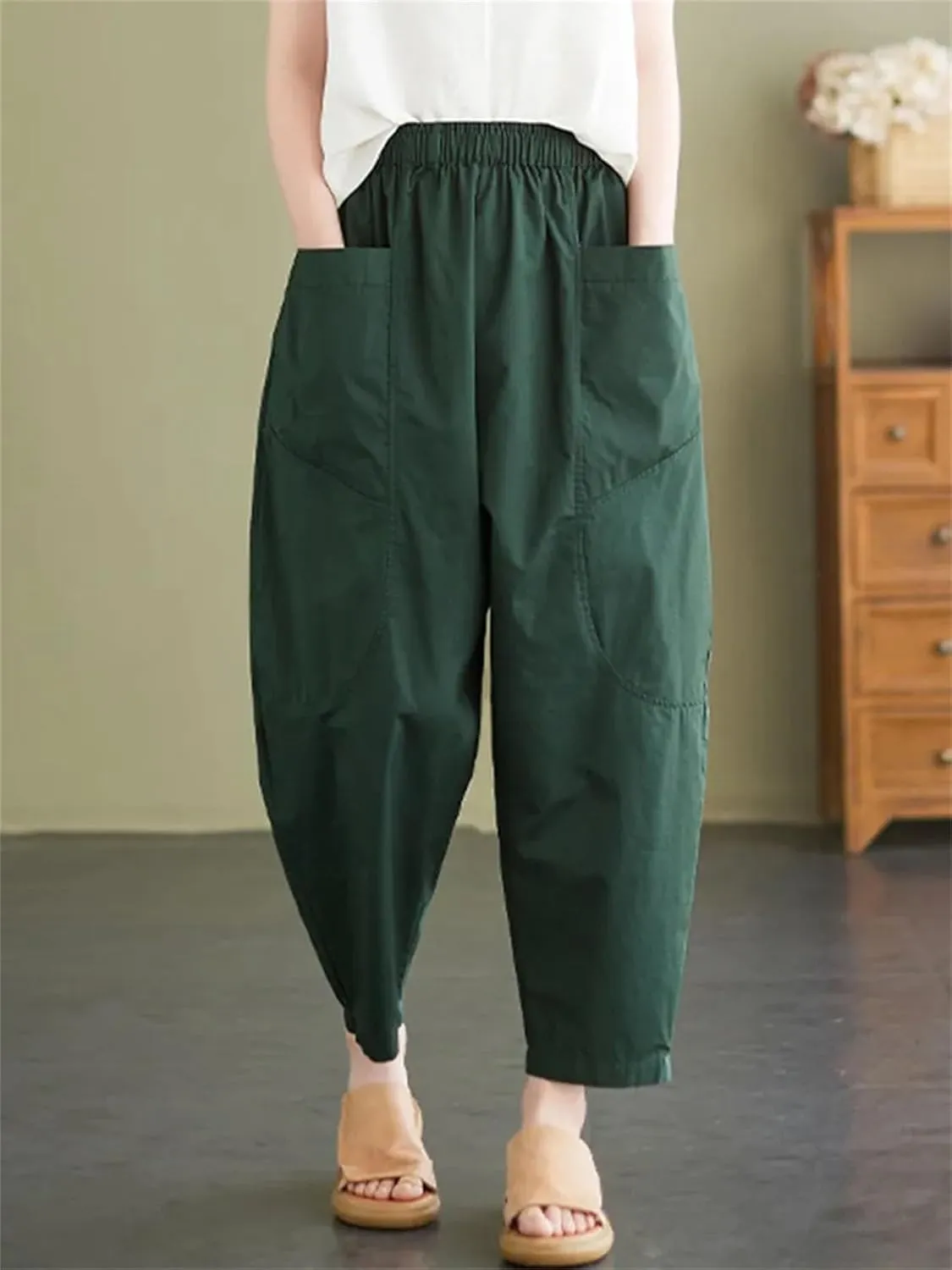 Womens Vintage High Waist Harem Pants Loose Casual Elastic Waisted Beach Trousers with Pockets