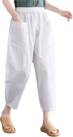 Womens Vintage High Waist Harem Pants Loose Casual Elastic Waisted Beach Trousers with Pockets