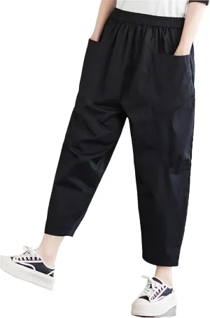 Womens Vintage High Waist Harem Pants Loose Casual Elastic Waisted Beach Trousers with Pockets