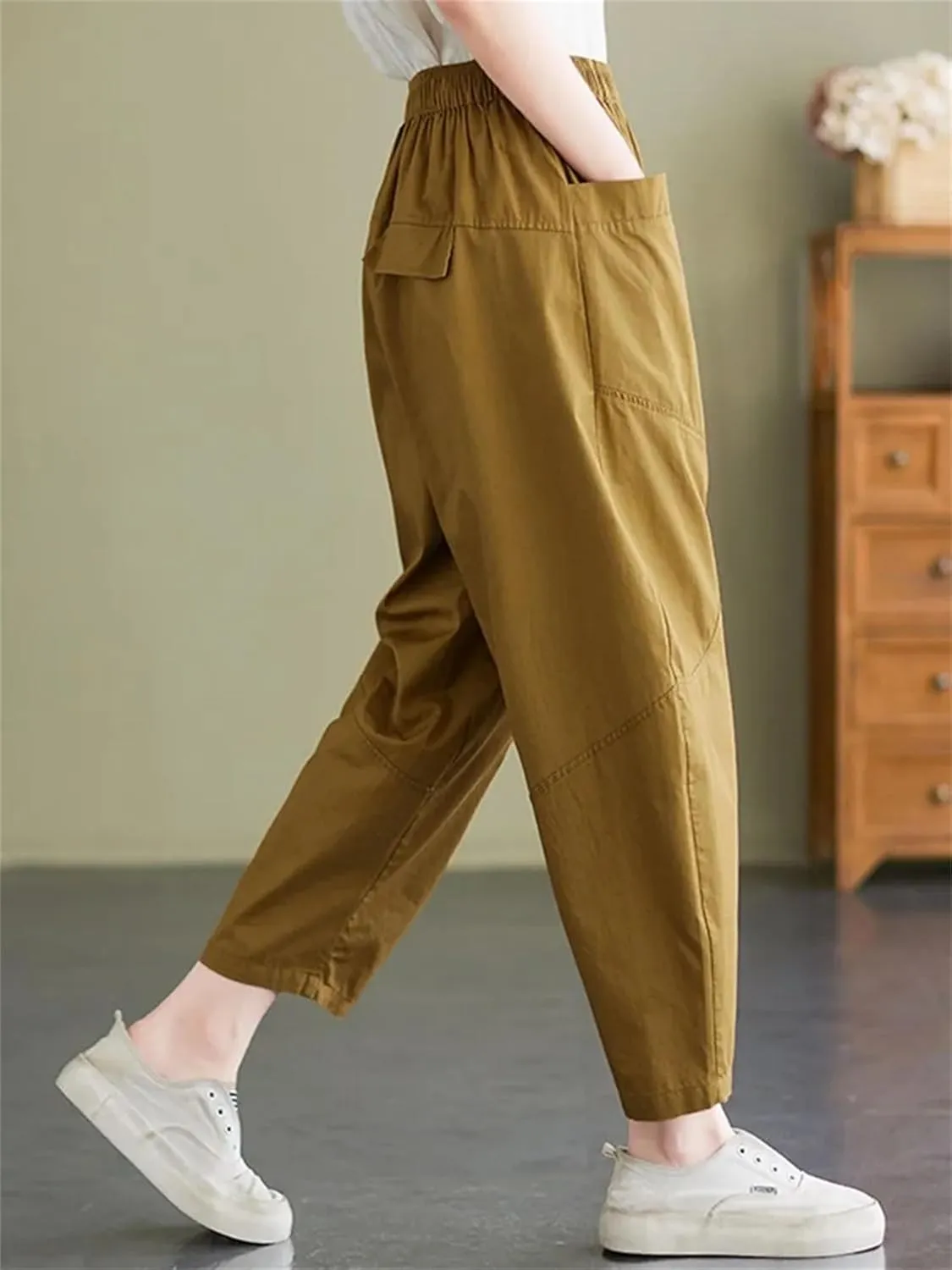 Womens Vintage High Waist Harem Pants Loose Casual Elastic Waisted Beach Trousers with Pockets