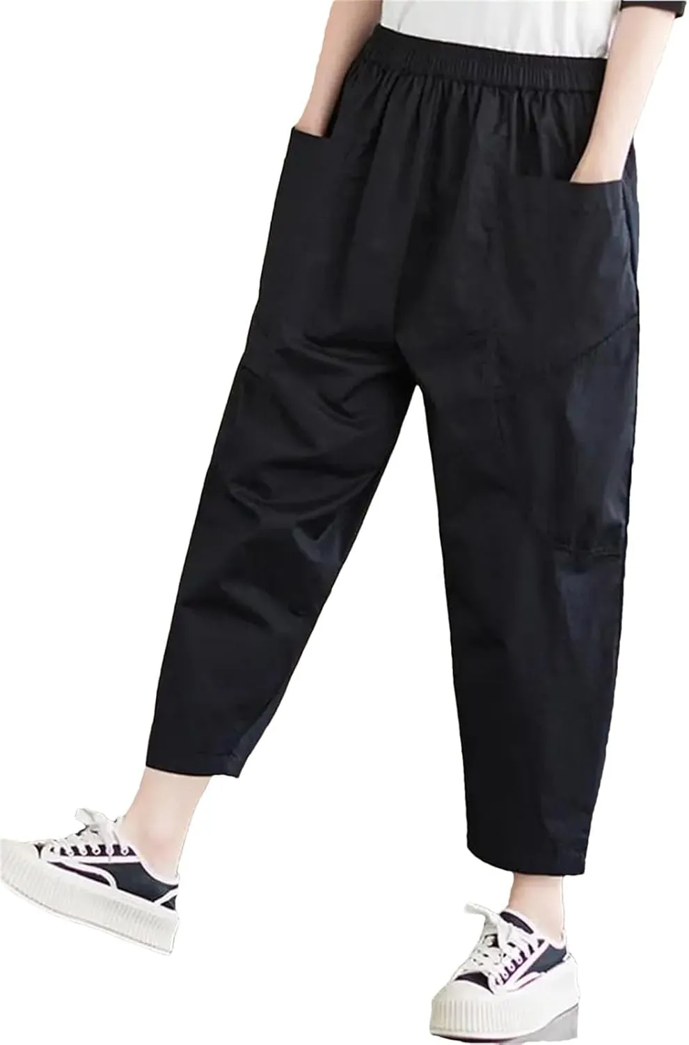 Womens Vintage High Waist Harem Pants Loose Casual Elastic Waisted Beach Trousers with Pockets
