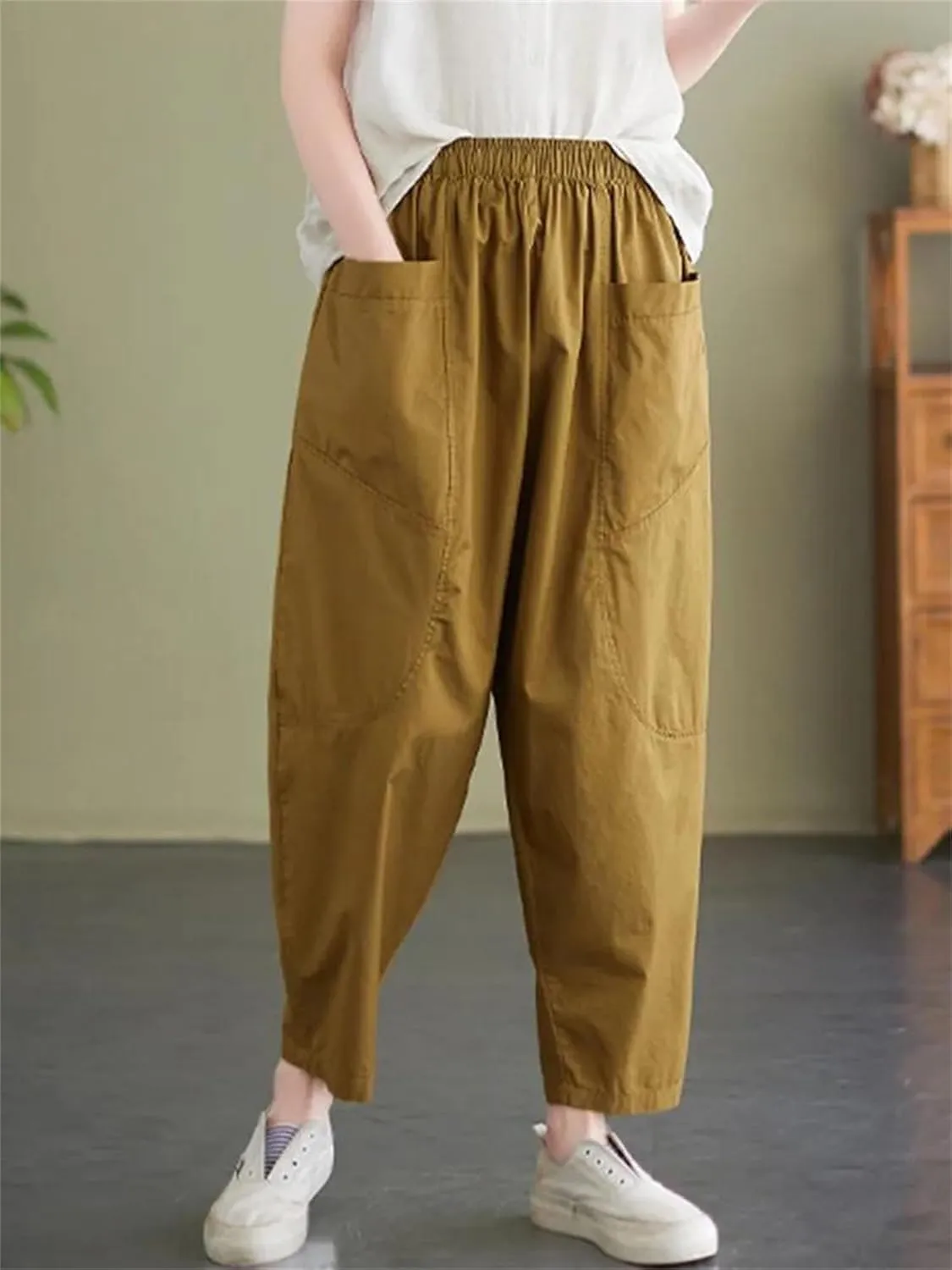 Womens Vintage High Waist Harem Pants Loose Casual Elastic Waisted Beach Trousers with Pockets