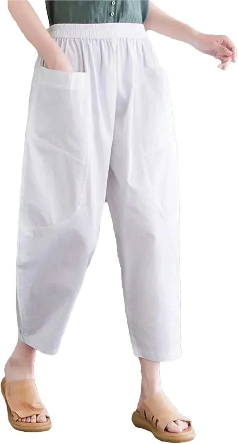 Womens Vintage High Waist Harem Pants Loose Casual Elastic Waisted Beach Trousers with Pockets