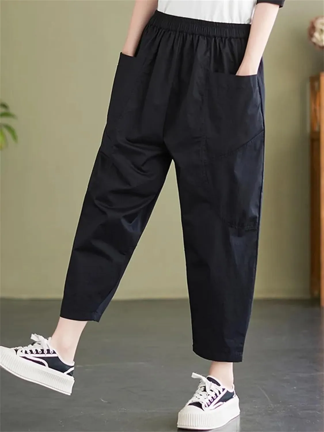 Womens Vintage High Waist Harem Pants Loose Casual Elastic Waisted Beach Trousers with Pockets