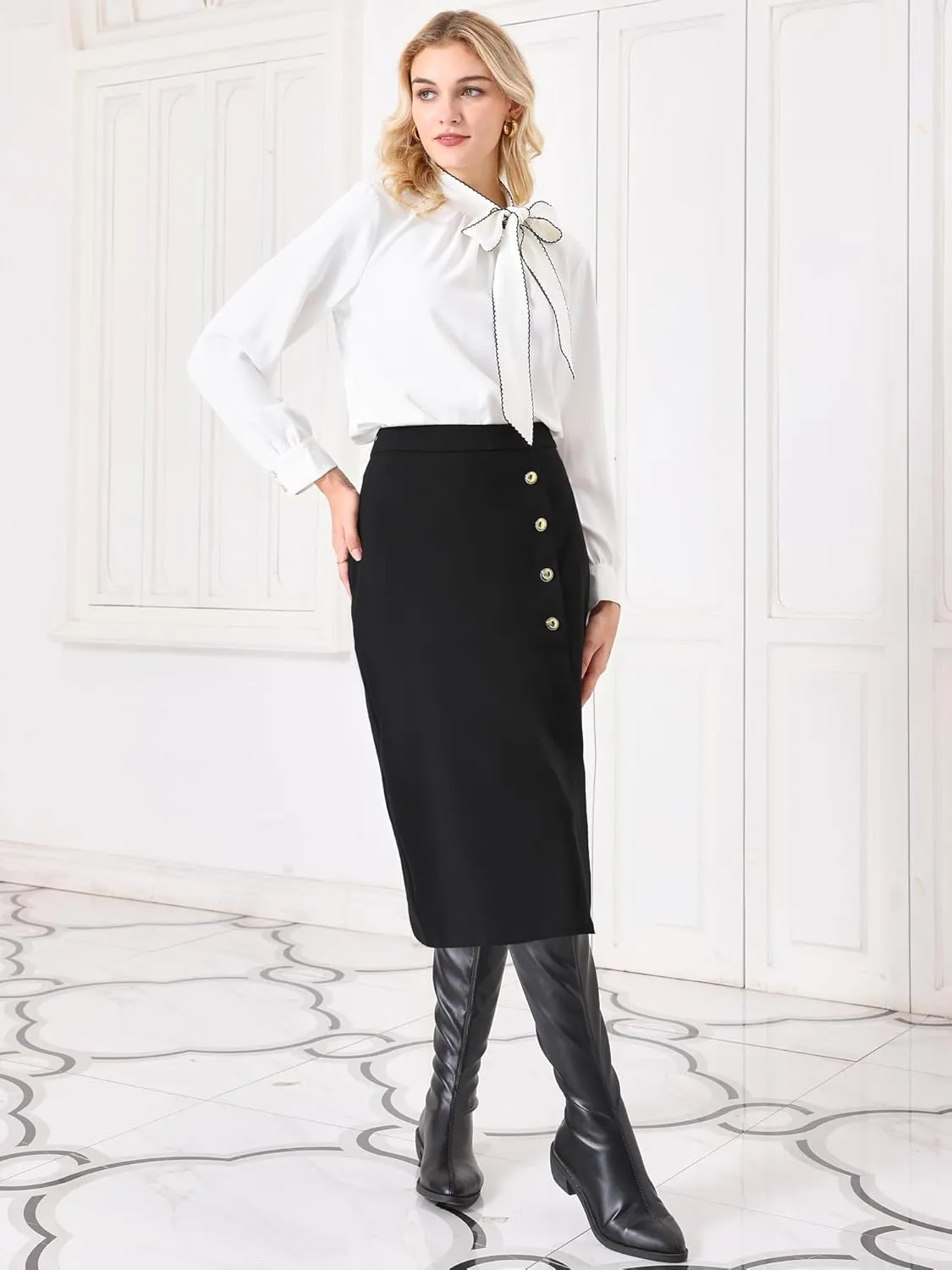 Women's Wear to Work Pencil Skirt High Waist Button Decor Midi Skirts