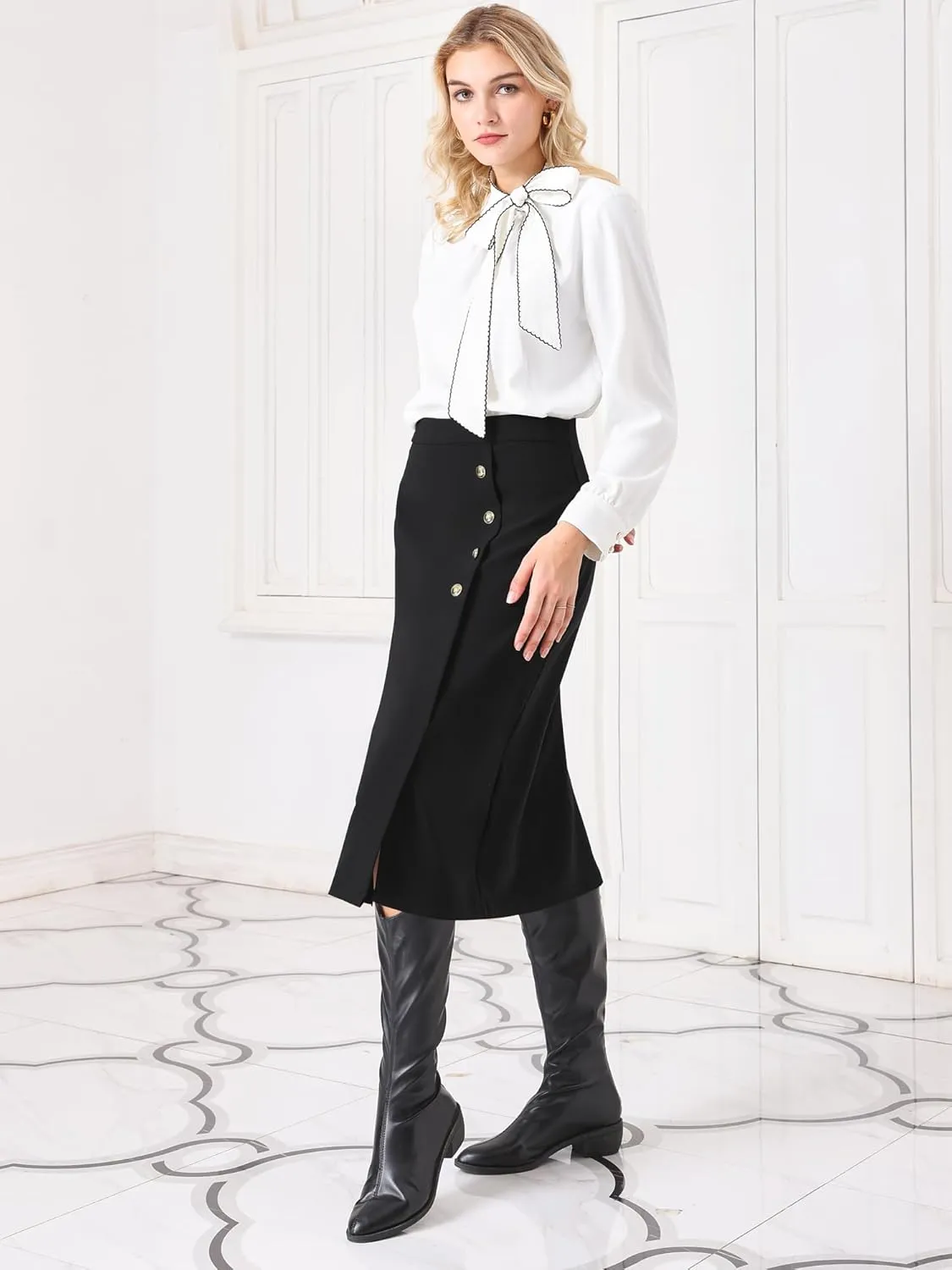Women's Wear to Work Pencil Skirt High Waist Button Decor Midi Skirts