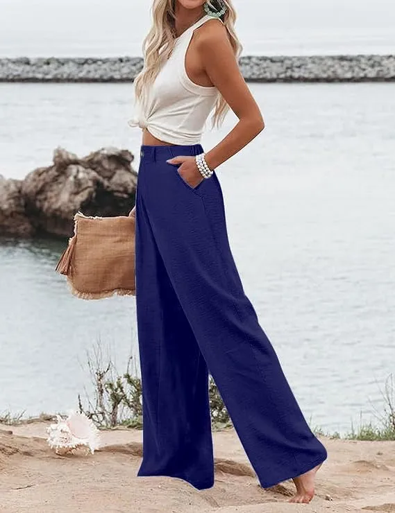 Women's Wide Leg Casual Long Pants High Elastic Waisted in The Back Business Offices Trousers Straight Pants with Pocket