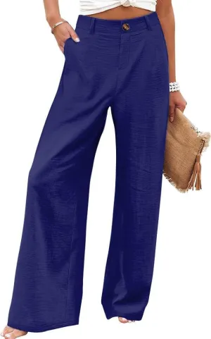 Women's Wide Leg Casual Long Pants High Elastic Waisted in The Back Business Offices Trousers Straight Pants with Pocket