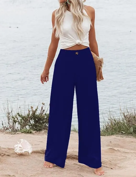 Women's Wide Leg Casual Long Pants High Elastic Waisted in The Back Business Offices Trousers Straight Pants with Pocket