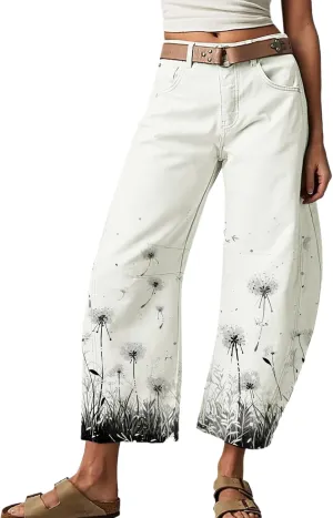 Women's Wide Leg Harem Pants Dandelion Print Baggy High Waisted Palazzo Pants Boho Hippie Trousers with Pockets