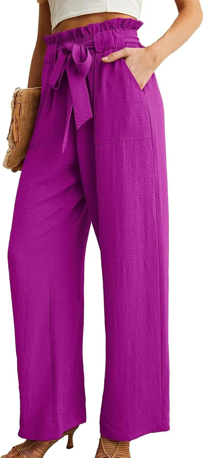 Women's Wide Leg Linen Pants Summer Baggy Business Casual Pants High Waist Adjustable Tie Knot Trousers with Pockets