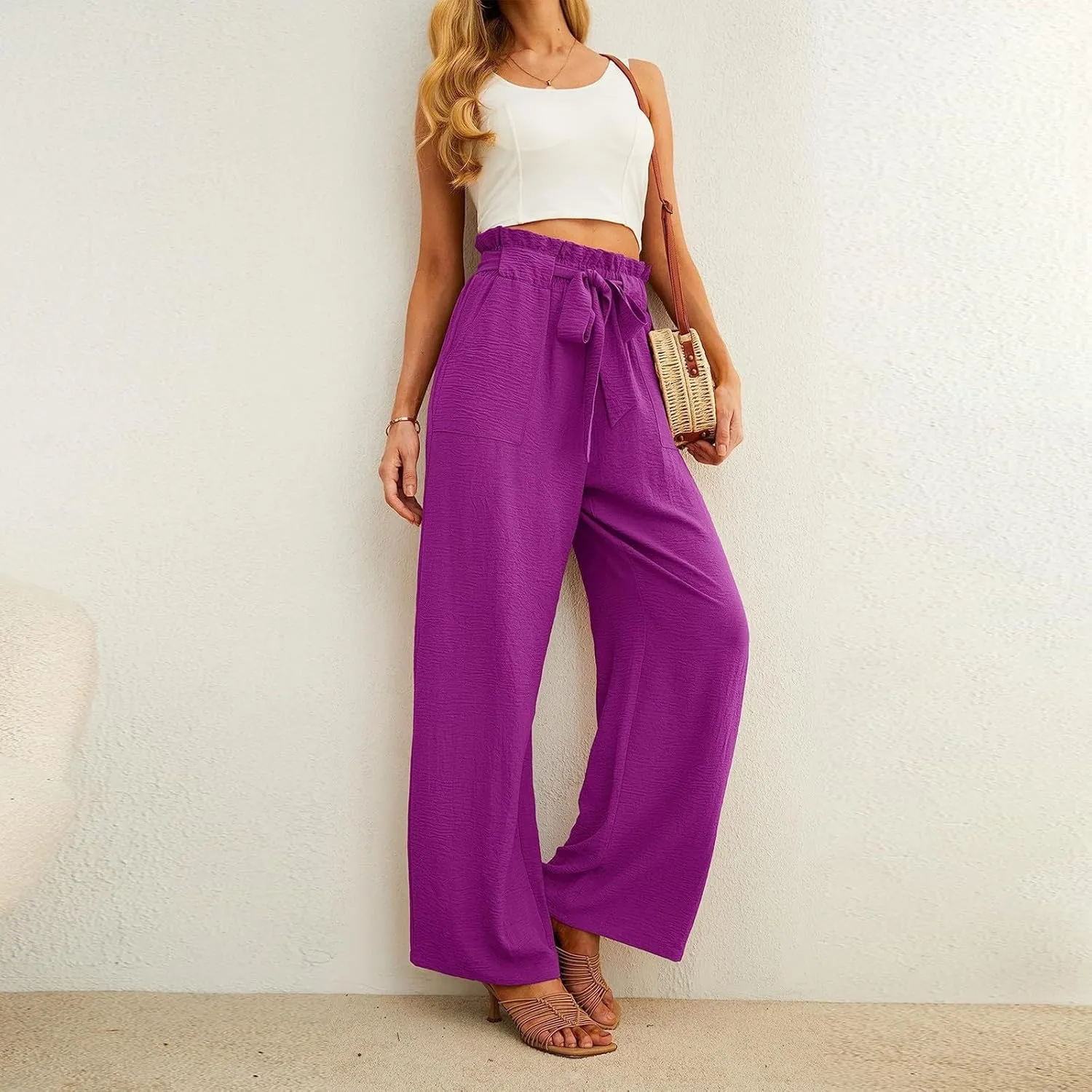 Women's Wide Leg Linen Pants Summer Baggy Business Casual Pants High Waist Adjustable Tie Knot Trousers with Pockets