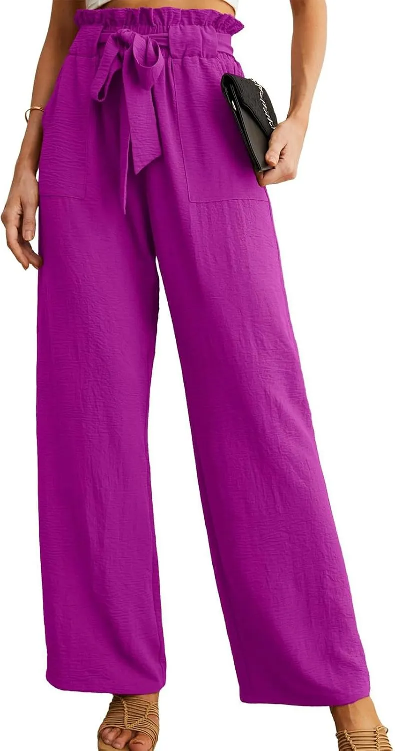 Women's Wide Leg Linen Pants Summer Baggy Business Casual Pants High Waist Adjustable Tie Knot Trousers with Pockets