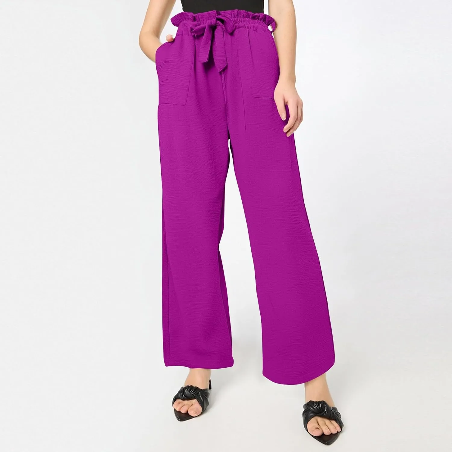 Women's Wide Leg Linen Pants Summer Baggy Business Casual Pants High Waist Adjustable Tie Knot Trousers with Pockets