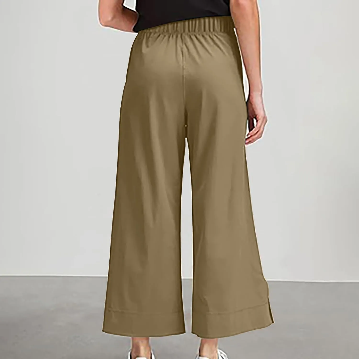 Women's Wide Leg Pants with Pockets High Waist Casual Linen Pants Plus Size Summer Comfy Pull on Straight Leg Trousers
