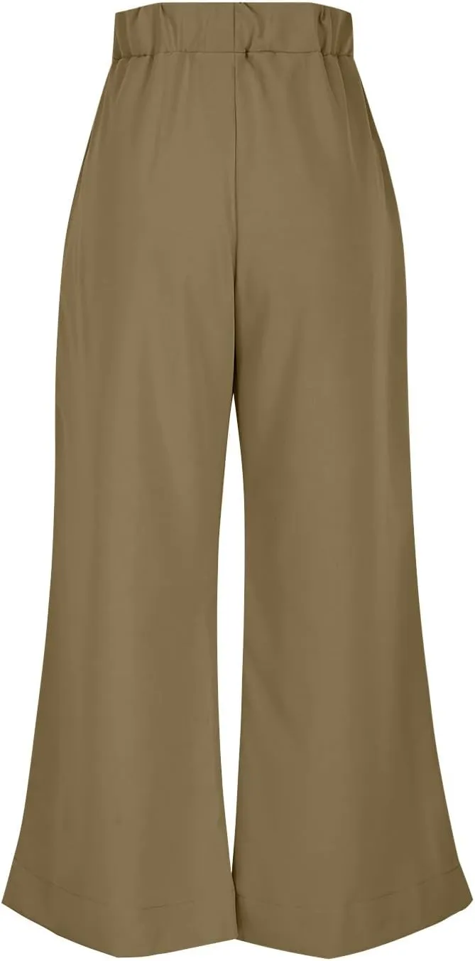 Women's Wide Leg Pants with Pockets High Waist Casual Linen Pants Plus Size Summer Comfy Pull on Straight Leg Trousers